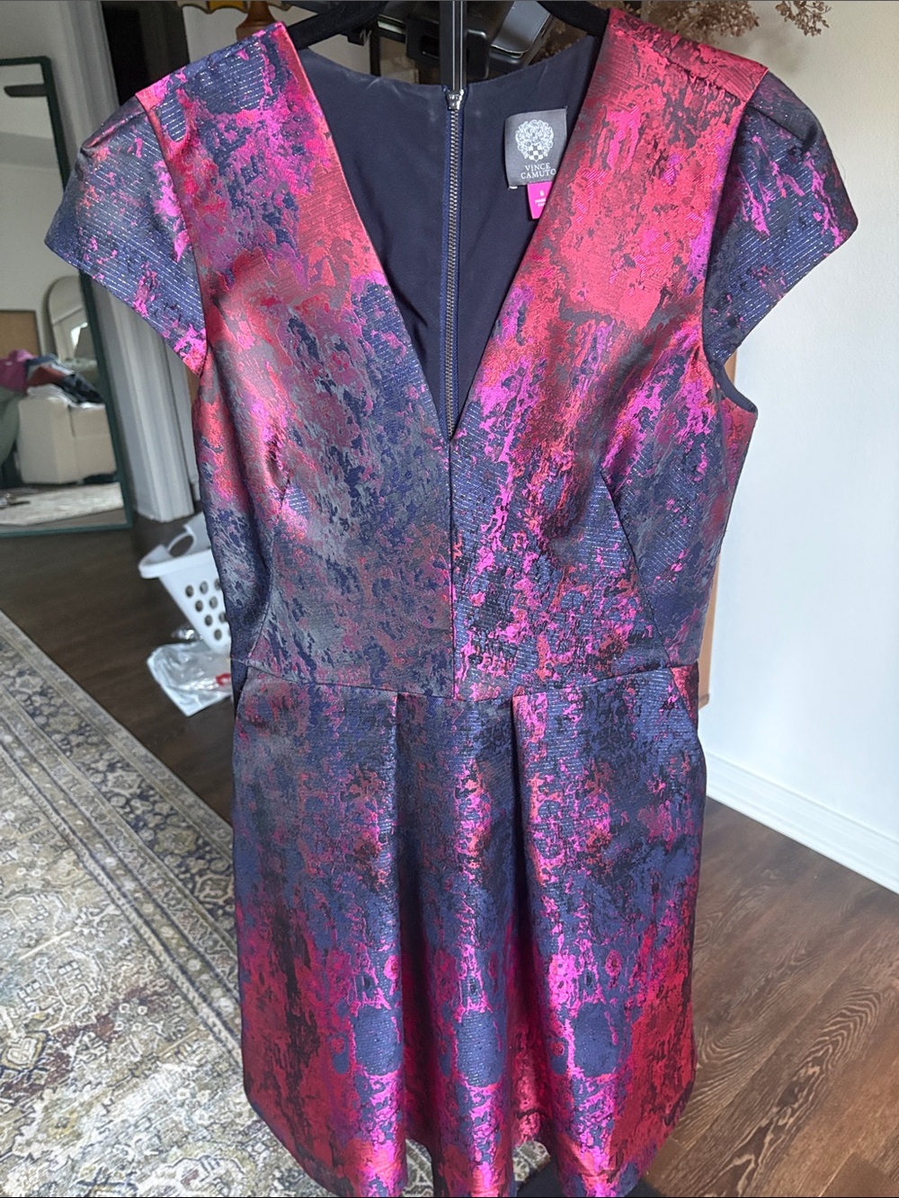 Vince Camuto Metallic Floral Fit-and-Flare Dress in Fuchsia and Black